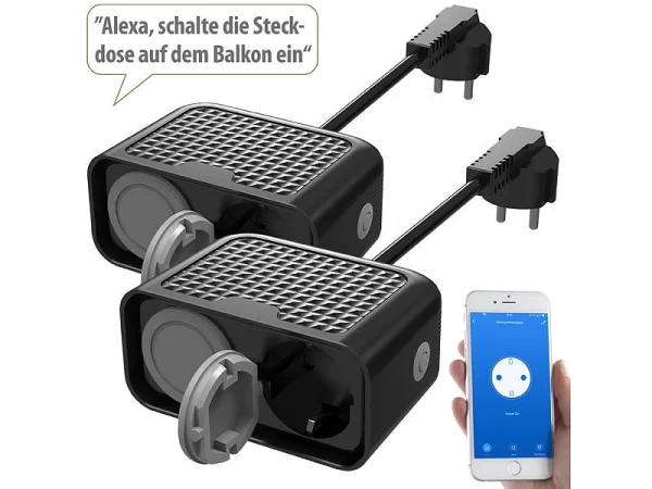 Luminea Home Control Doppelstecker:2er-Set Outdoor-WLAN-2-fach-Steckdosen Komp. Zu Alexa & Google Ass. 3