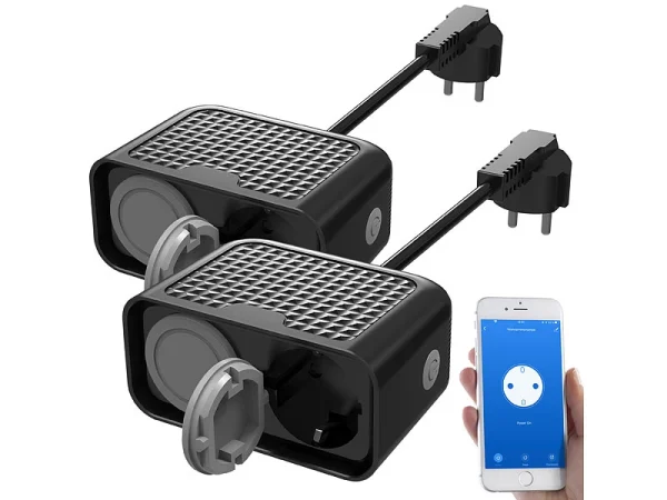 Luminea Home Control Doppelstecker:2er-Set Outdoor-WLAN-2-fach-Steckdosen Komp. Zu Alexa & Google Ass. 4