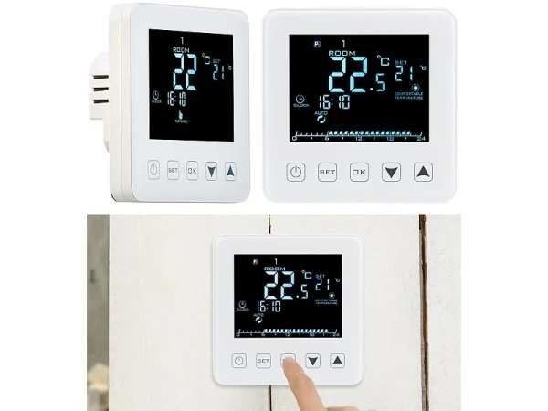 Revolt Raumthermostat Digital:2er-Set Wand-Thermostate Für Fußbodenheizung, LCD, Touch-Tasten 1