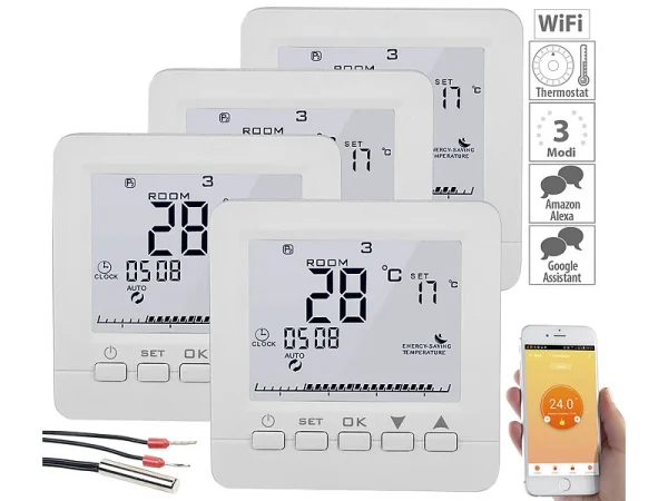 Revolt Raumthermostat:4er-Set WLAN-Thermostate Für Fußbodenheizung, Für Siri, Alexa & GA 1