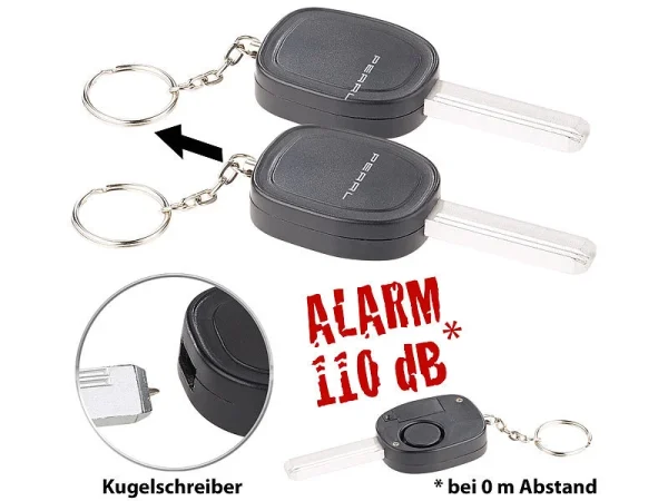 VisorTech Schlüsselalarm:2er-Set Personenalarm Im Autoschlüssel-Design, 110-dB-Sirene, Kuli 1