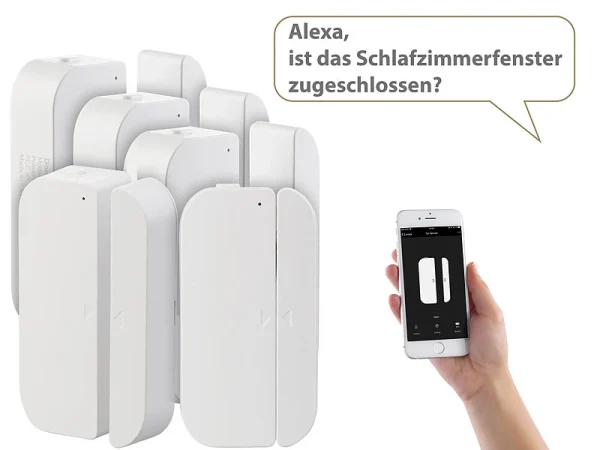 Luminea Fenstersensoren:5er-Set WiFi Tür & Fensteralarm, Alexa Und Google Assistant Komp. 4