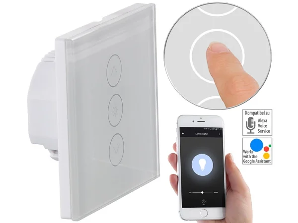 Luminea Home Control Smart Home Lichtschalter:2er-Set Touch-Lichtschalter & Dimmer, Für Alexa & Google Assistant 10