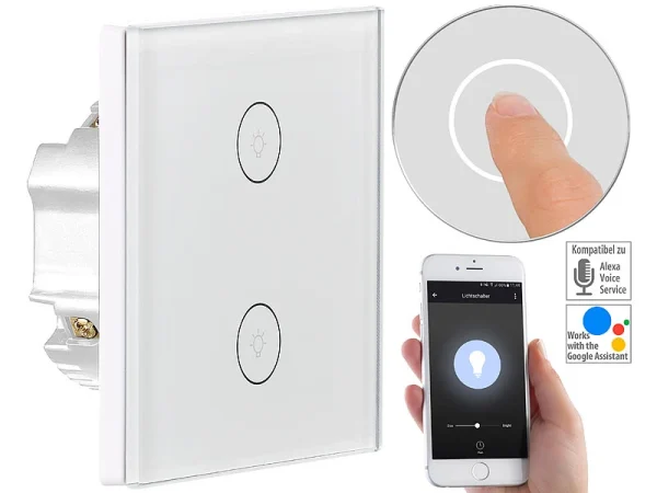 Luminea Home Control Touch Lichtschalter:2er-Set Touch-Doppel-Lichttaster, Komp. Zu Alexa & Google Assistant 10