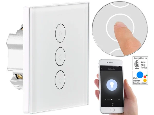 Luminea Home Control Touch Wechselschalter:Touch-Dreifach-Lichtschalter, Komp. Zu Amazon Alexa & Google Assistant 1