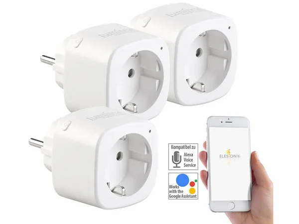 Luminea Home Control WiFi Steckdosen:3er-Set WLAN-Steckdosen, Amazon Alexa & Google Assistant Komp., 16 A 1