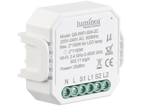 Luminea Home Control Smart Lichtschalter:2er-Set WLAN-Unterputz-2-Kanal-Lichtschalter Mit App & Sprachsteuerung 3