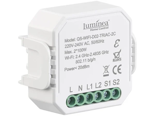 Luminea Home Control Dimmerschalter:WLAN-Unterputz-2-Kanal-Lichtschalter & -Dimmer, App, Sprachsteuerung 1