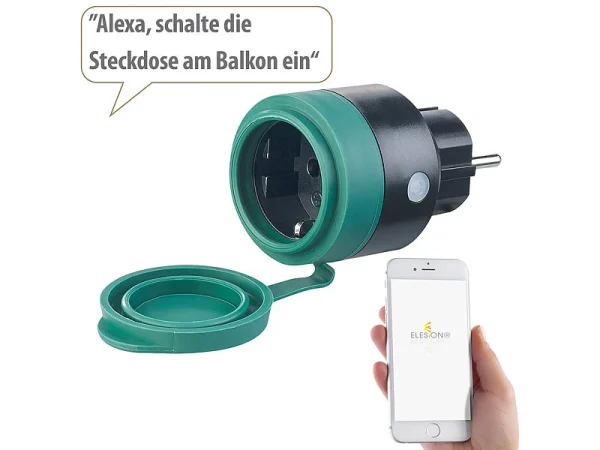 Luminea Home Control WLAN Aussensteckdose:Outdoor-WLAN-Mini-Steckdose, Für Alexa, Siri & Google Assistant, 16 A 4