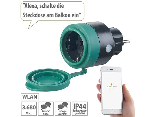 Luminea Home Control WLAN Aussensteckdose:Outdoor-WLAN-Mini-Steckdose, Für Alexa, Siri & Google Assistant, 16 A 3