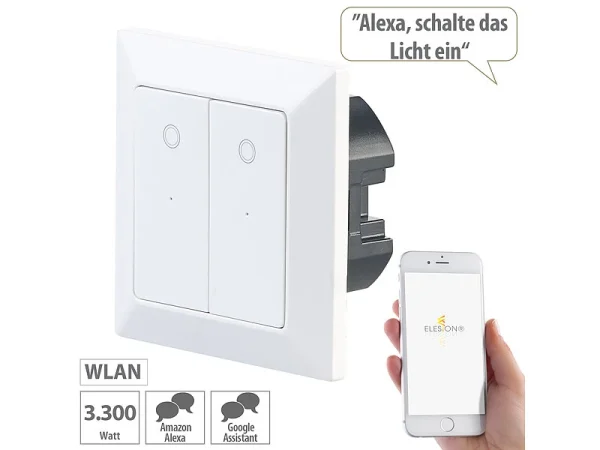 Luminea Home Control WLAN Taster:Doppel-Lichttaster Mit WLAN, App, Für Siri, Alexa & Google Assistant 1