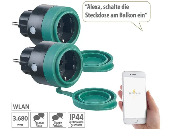 Luminea Home Control Zeitschaltuhr Außen:2er-Set Outdoor-WLAN-Steckdosen F. Alexa, Siri & Google Assistant, 16A 3