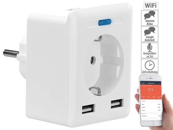 Luminea Home Control Smarte Steckdosen:3er-Set WLAN-Steckdosen, USB, App, Für Alexa, Google Assistant & Siri 6