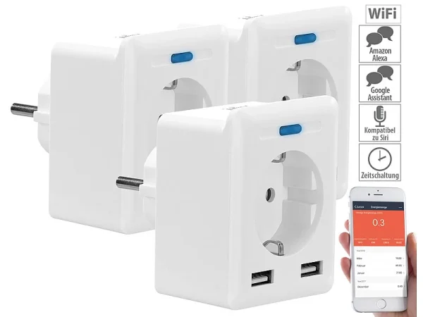 Luminea Home Control Smarte Steckdosen:3er-Set WLAN-Steckdosen, USB, App, Für Alexa, Google Assistant & Siri 1