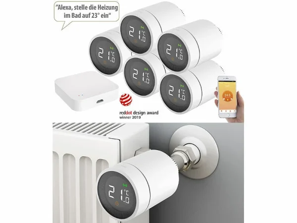 Revolt Smart Thermostat ZigBee:5er-Set Heizkörperthermostate Mit App, Sprachsteuerung, ZigBee-Gateway 1