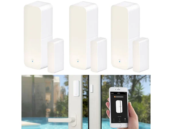 Luminea Home Control Türkontakt WLAN:3er-Set WLAN-Tür- & Fensteralarm Mit App, Für Alexa & Google Assistant 3