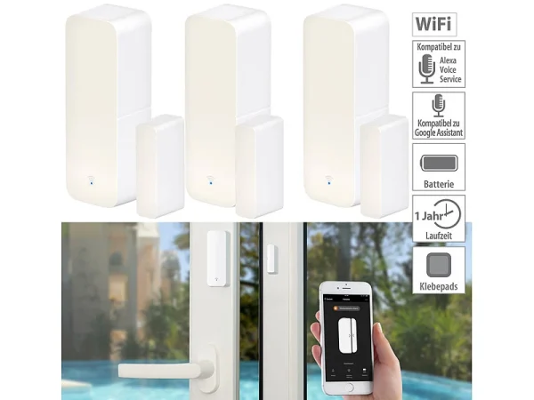 Luminea Home Control Türkontakt WLAN:3er-Set WLAN-Tür- & Fensteralarm Mit App, Für Alexa & Google Assistant 1