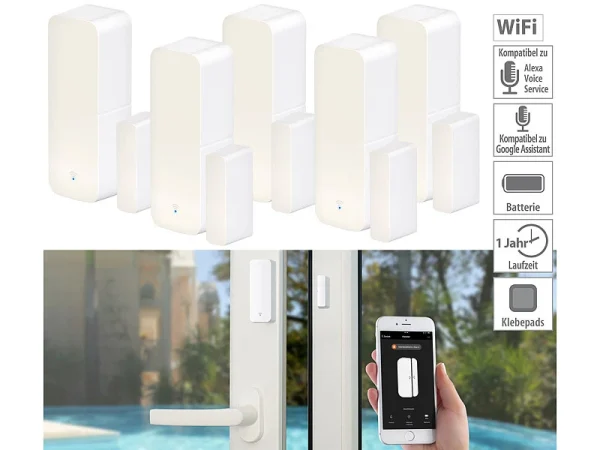 Luminea Home Control WLAN Fensterkontakt:5er-Set WLAN-Tür- & Fensteralarm Mit App, Für Alexa & Google Assistant 1