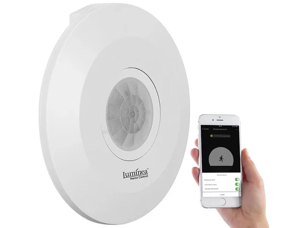 Luminea Home Control Bewegungsmelder Alexa:Extra-flacher WLAN-PIR-Bewegungsmelder Mit App, 360°, 230 Volt 3