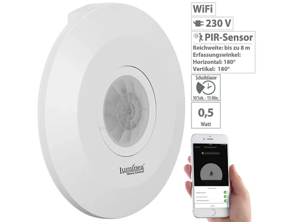 Luminea Home Control Bewegungsmelder Alexa:Extra-flacher WLAN-PIR-Bewegungsmelder Mit App, 360°, 230 Volt 1