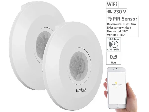 Luminea Home Control WiFi Bewegungsmelder:2er-Set Extra-flacher WLAN-PIR-Bewegungsmelder Mit App, 360°, 230 Volt 1