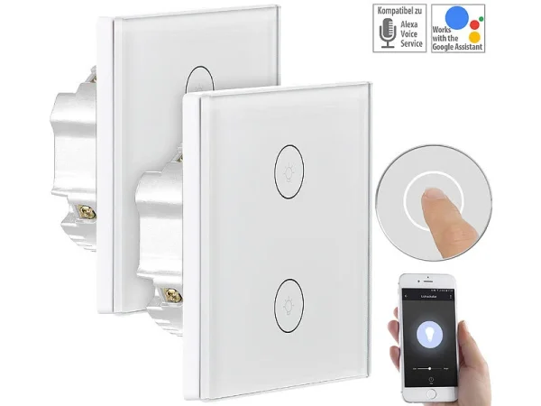 Luminea Home Control Touch Lichtschalter:2er-Set Touch-Doppel-Lichttaster, Komp. Zu Alexa & Google Assistant 1