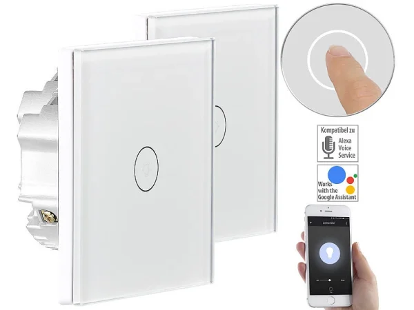 Luminea Home Control Wechselschalter:2er-Set Touch-WLAN-Lichtschalter, Für Siri, Alexa & Google Assistant 1