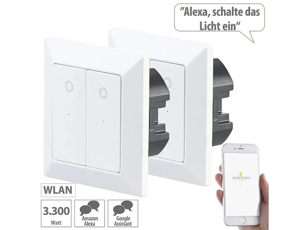 Luminea Home Control Taster:2er-Set Doppel-Lichttaster Mit WLAN, App Und Sprachsteuerung 1