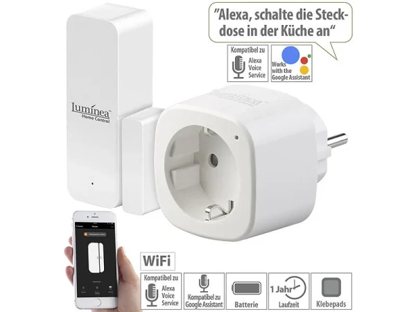 Luminea Home Control Fensteralarm:Smarte Steuerung Für Abluft, Heizung, Licht, WLAN-Sensor & -Steckdose 1