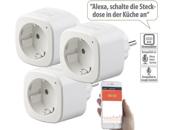 Luminea Home Control 3er-Set WLAN-Steckdosen Mit Energiekostenmesser, App & Sprachsteuerung 3