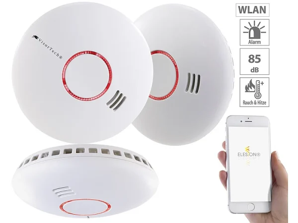 VisorTech Rauchmelder WLAN:3er-Set WLAN-Rauch- & Hitzemelder Mit Weltweiter App-Benachrichtigung 1