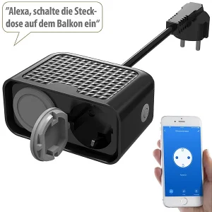 Luminea Home Control Aussensteckdose:Outdoor-WLAN-2-fach-Steckdose Komp. Zu Amazon Alexa & Google Assistant 12