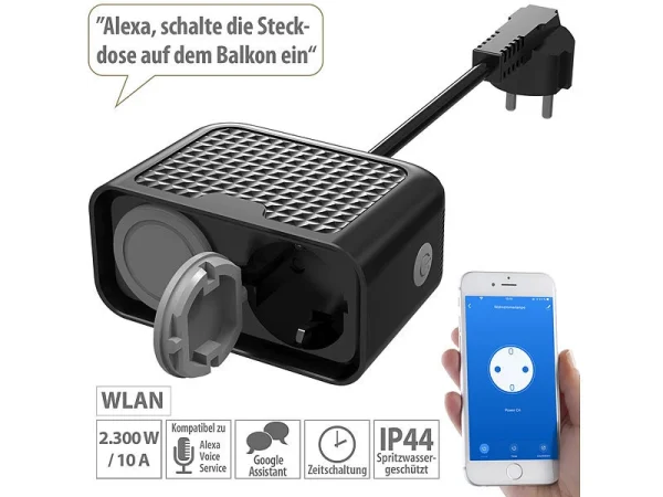 Luminea Home Control Doppelstecker:2er-Set Outdoor-WLAN-2-fach-Steckdosen Komp. Zu Alexa & Google Ass. 10