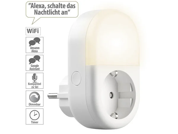 Luminea Home Control LED-Nachtlicht-Plug-ins:4er-Set WLAN-Steckdose Mit LED-Nachtlicht, App & Sprachsteuerung, 16 A 1