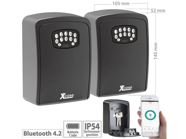 Xcase Bluetooth-Schlüsselsafe:2er Set Mini-Schlüssel-Safe Mit Bluetooth Und App, IP54 1