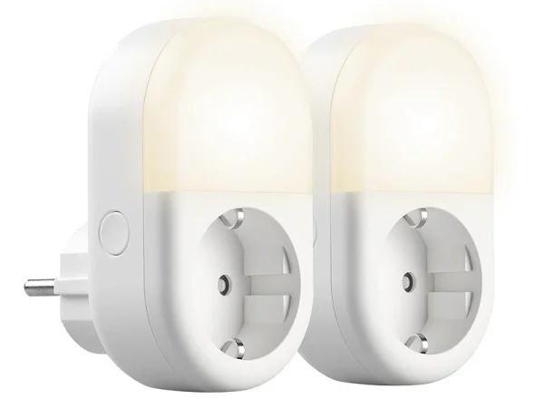 Luminea Home Control LED-Nachtlicht-Plug-in:2er-Set WLAN-Steckdose Mit LED-Nachtlicht, App & Sprachsteuerung, 16 A 4