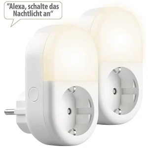 Luminea Home Control LED-Nachtlicht-Plug-in:2er-Set WLAN-Steckdose Mit LED-Nachtlicht, App & Sprachsteuerung, 16 A 14