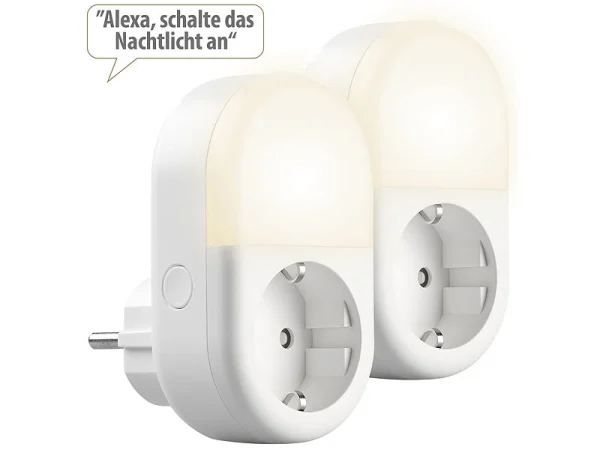 Luminea Home Control LED-Nachtlicht-Plug-in:2er-Set WLAN-Steckdose Mit LED-Nachtlicht, App & Sprachsteuerung, 16 A 3