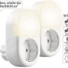 Luminea Home Control LED-Nachtlicht-Plug-in:2er-Set WLAN-Steckdose Mit LED-Nachtlicht, App & Sprachsteuerung, 16 A 22