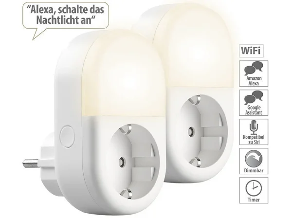 Luminea Home Control LED-Nachtlicht-Plug-in:2er-Set WLAN-Steckdose Mit LED-Nachtlicht, App & Sprachsteuerung, 16 A 1