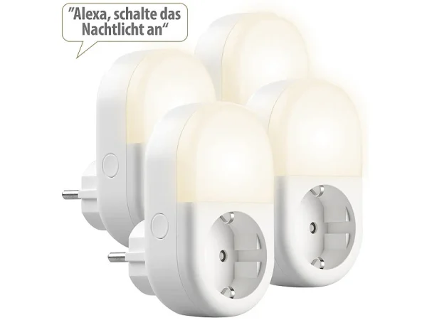 Luminea Home Control LED-Nachtlicht-Plug-ins:4er-Set WLAN-Steckdose Mit LED-Nachtlicht, App & Sprachsteuerung, 16 A 3