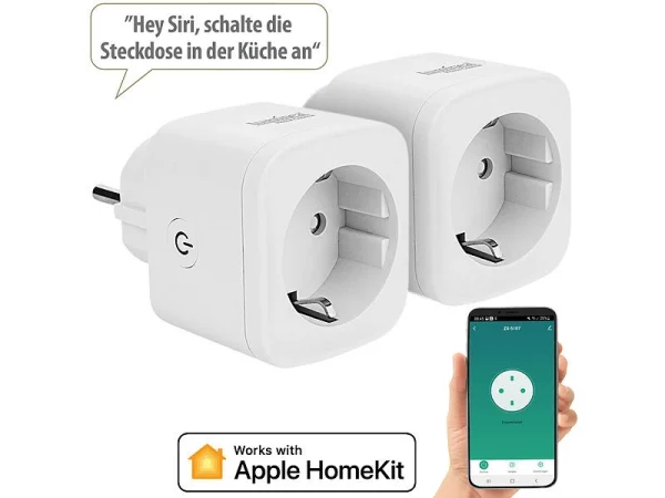 Luminea Home Control Smarte Steckdose:2er-Set WLAN-Steckdosen, Apple-HomeKit-zertifiziert, Sprachsteuerung 3