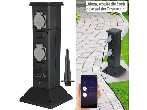 Royal Gardineer WLAN Gartensteckdose:4-fach-WLAN-Outdoor-Steckdosen-Säule, App, Sprachsteuerung, 16 A, IP44 3