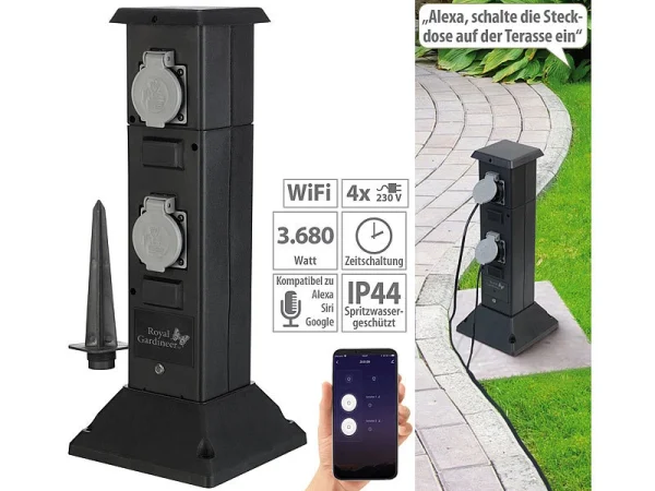 Royal Gardineer WLAN Gartensteckdose:4-fach-WLAN-Outdoor-Steckdosen-Säule, App, Sprachsteuerung, 16 A, IP44 1