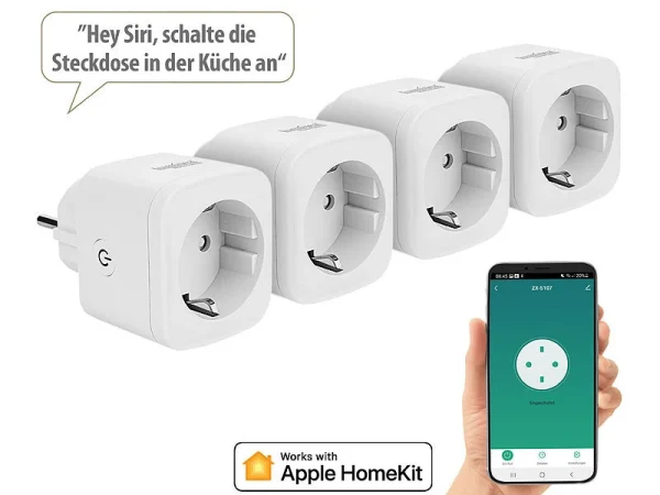 Luminea Home Control WLAN Steckdosen-Schalter:4er-Set WLAN-Steckdosen, Apple-HomeKit-zertifiziert, Sprachsteuerung 3