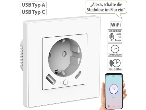 Luminea Home Control Unterputz Steckdose:2in1-WLAN-Unterputzsteckdose Mit USB-C- Und USB-A-Netzteil, 2 A, App 1