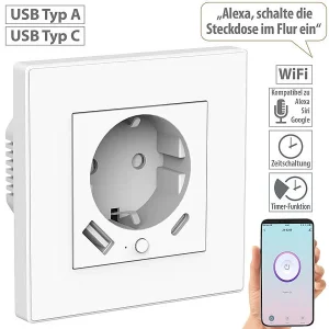 Luminea Home Control Ladeport Steckdose:3er-Set WLAN-Unterputzsteckdosen Mit App, Je 1x USB A, 1x USB C, 2 A 25