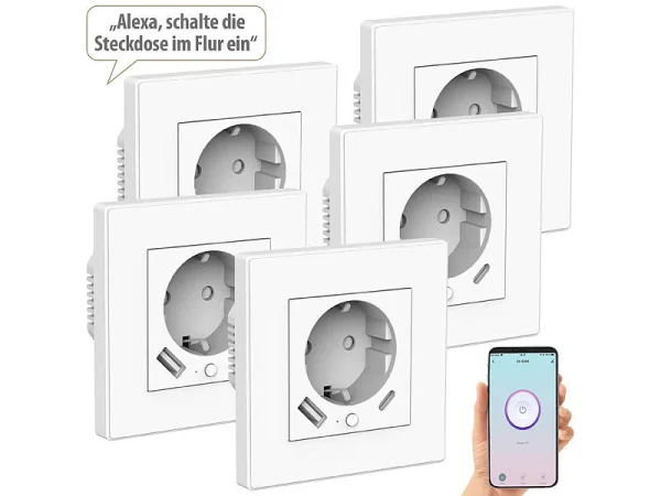 Luminea Home Control W LAN Steckdosen:5er-Set WLAN-Unterputzsteckdosen Mit App, Je 1x USB A, 1x USB C, 2 A 3