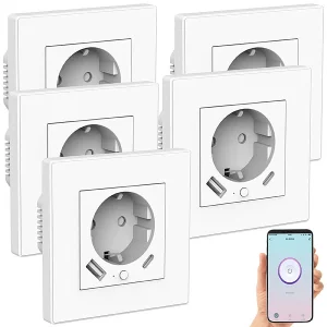 Luminea Home Control W LAN Steckdosen:5er-Set WLAN-Unterputzsteckdosen Mit App, Je 1x USB A, 1x USB C, 2 A 15