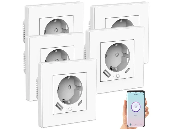 Luminea Home Control W LAN Steckdosen:5er-Set WLAN-Unterputzsteckdosen Mit App, Je 1x USB A, 1x USB C, 2 A 4